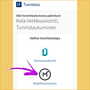 Kuvakaappaus kännykästä: Valitse suomi.fi-tunnistuksessa tunnistustapa (tässä mobiilivarmenne).