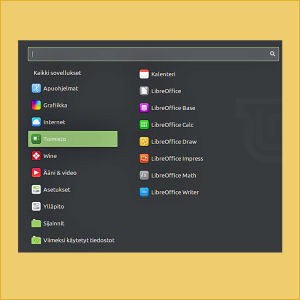 Kuvakaappaus Linux Mint -käyttöjärjestelmän työpöydästä, toimisto-ohjelmien listaus avattuna.