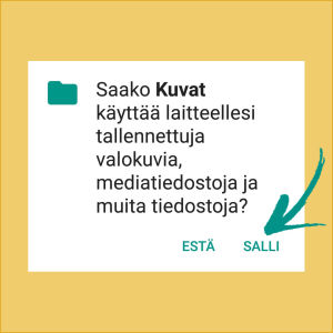 Kuvat-sovellukselle on joissain puhelimissa erikseen annettava lupa käyttää laitteen tiedostoja. Kuvakaappaus puhelimesta: Google Kuvat kysyy lupaa käyttää laitteen tiedostoja.