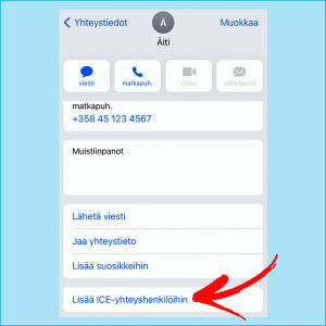 IPhonessa lisäät ICE-henkilön helpoimmin valitsemalla hänet Yhteistiedoista. Kuvakaappaus iPhonesta: Yhteystiedoissa valittuna henkilön tiedot ja alalaidasta löytyy kohta Lisää ICE-yhteyshenkilöihin.