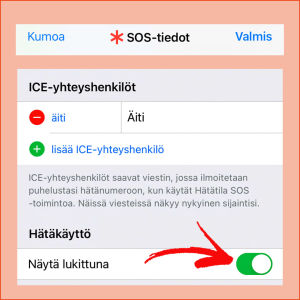 Kuvakaappaus iPhonesta: SOS-tiedoista valitaan Hätäkäytön kohdalta Näytä lukittuna. Silloin auttaja pääsee käsiksi SOS-tietoihin.
