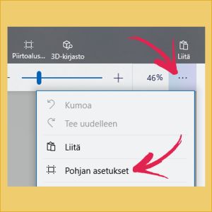 Paint 3D:ssä valitse kolmen pisteen valikosta Pohjan asetukset. Kuvakaappaus Windows 10:n Paint 3D-ohjelmasta: Valitaan 3 pisteen takaa Pohjan asetukset.