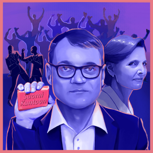 Sarjan toisessa jaksossa kysytään mihin loppuu Juha ja mistä alkaa Anne? Piirretty Juha Sipilä katsoo kameraan kädessään saippua, johon on kaiverrettu "Suomi kuntoon".