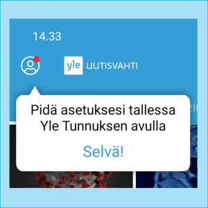 Kuvakaappaus Yle Uutisvahti -sovelluksesta: Etusivu vinkkaa kirjautumaan Yle Tunnuksella.
