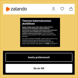 Kuvakaappaus verkkokauppa Zalandon sivulta: Evästeitä säädetään napista nimeltä Aseta preferenssit.