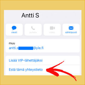 Kuvakaappaus iPhonen Mail-sovelluksesta: Valittuna Estä tämä yhteystieto.