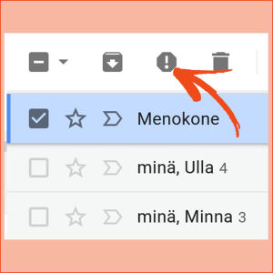 Kuvakaappaus Gmailista tietokoneen selaimella. Korostettuna ikoni, jolla sähköpostit ilmoitetaan roskapostiksi. 