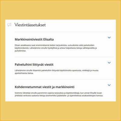 Kuvakaappaus operaattori Elisan sivuilta. OmaElisassa valittuna viestintäasetukset.