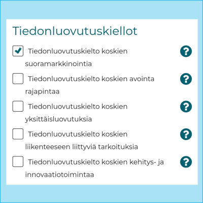 Kuvakaappaus Tarficomin sivuilta. Tiedonluovutukielloista valittu suoramarkkinoinnin kielto.