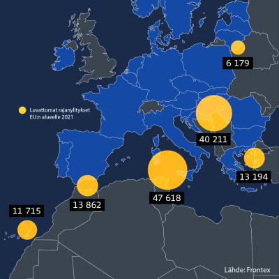 Infokarttalla luvattomat rajanylitykset EU:n alueelle 2021.