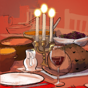 Piirroskuva joulupöydästä, johon on katettu juhlaruoat. Keskellä on kolmen kynttilän kynttelikkö.