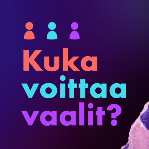 Nainen katsoo tekstiä Kuka voittaa vaalit.