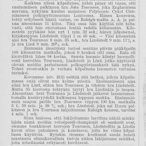 Lehtijuttu polkupyöräkilpailusta Helsingissä v. 1894. Mukana muun muassa Arvid Lind.