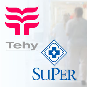 Grafik med Tehys och Supers logotyper framför sjukhusmiljö.