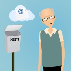 Mies tyhjän postilaatikon ääressä, grafiikka.