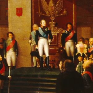 Osa maalauksesta Porvoon valtiopäivät 1809, Aleksanteri I antaa hallitsijanvakuutuksen. Emanuel Thelning 1812.