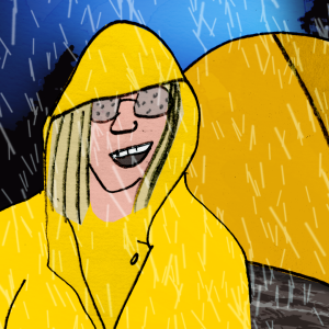 Kuvassa etualalla iloisesti hymyilevä henkilö keltaisessa sadetakissa, taustalla teltta ja teltasta pilkistävät jalat. Kuvassa sataa räntää. 