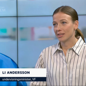 Li Andersson i svartvitrandig blus i Tv-nytts studio.