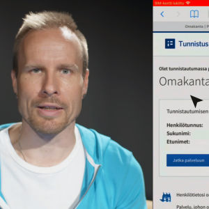 Mikko Kekäläinen neuvoo, miten tunnistaudutaan Omakanta-palveluun verkkopankkitunnuksilla. Kuvan laidassa kuvakaappaus Omakanta-sivusta.