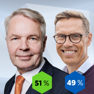 Haaviston ja Stubbin lähikuvat, ja heidän edessään heidän tuoreimmassa kannatuskyselyssä saamansa luvut, jos he olisivat toisiaan vastassa toisella kierroksella: Haavisto 51 prosenttia ja 49 prosenttia.