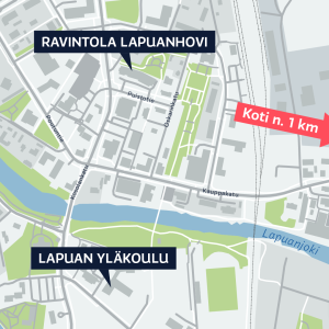 Kartta näyttää Rasmus Takaluoman viimeisen havaintopaikan, Hotelli Lapuahovin, sekä yläkoulun sijainnin.