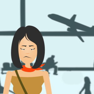 Piirretty nainen seisoo harmistuneena lentokentällä. Taustalla kone nousee ilmaan.