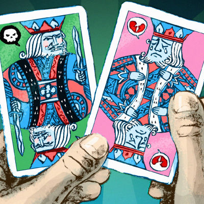 Kuvituskuva, jossa käsissä kuningaspelikortit, joista toinen räyhää ja toinen itkee.