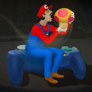 Kuvituskuva Kulttuuricocktailin artikkeliin videopeleistä. Kuvassa videopelihahmo syö sienen.