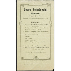 Konsertin käsiohjelma vuodelta 1906. Konserttiohjelma vuodelta 1906. Georg Schnéevoigt johtaa Helsingin filharmonista orkesteria.