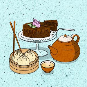 Piirroskuva, jossa vaaleansinisellä taustalla suklaakakku, teekannu ja -muki sekä dim sum –palloja.