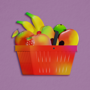 En ritad matkorg med frukter och bär i.