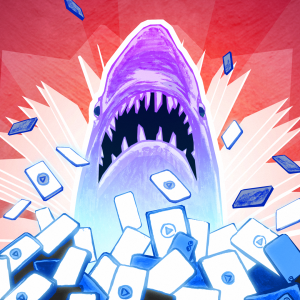 Kuvituskuvassa hai syöksyy mobiililaitekasan läpi, taustalla räjähdyksenomainen kirja