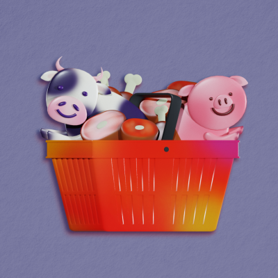 En ritad matkorg med en ko, en gris och biffar i.
