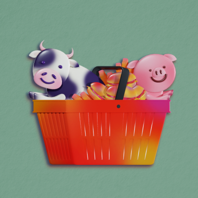 En ritad matkorg med en ko, en gris och hamburgare i.