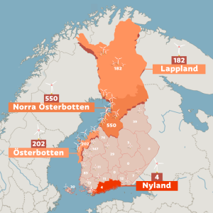 En karta över var vindkraften finns i Finland.
