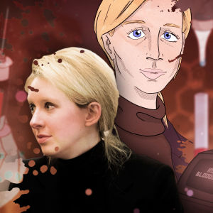 Startup-yrittäjä Elizabeth Holmes etualalla valokuvassa ja takana piirrettynä versiona. Taustalla verikoelaitteistoa punaisella taustalla.