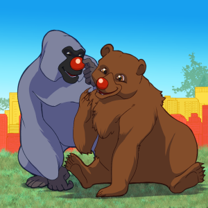 Piirretyt gorilla ja karhu hymyilevät punaiset nenät päässä nurmikolla, jonka taustalla on rakennuksia.
