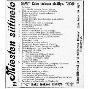 Miesten siitinelo -kirjan mainos sisällysluetteloineen Uusi Suometar-lehdessä 24.5.1893 Miesten siitinelo -kirjan mainos sisällysluetteloineen Uusi Suometar-lehdessä 24.5.1893