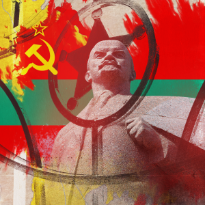 Ett kollage med en staty av Lenin, Transnistriens flagga, en karta av Moldavien och en port med företaget Sheriffs logotyp.