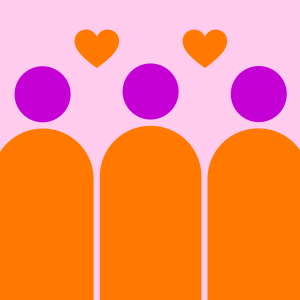 Kuvitettu graafinen kuva: Kolme oranssia ihmishahmoa seisoo vaaleanpunaisessa taustassa vierekkäin ja heidän päidensä yläpuolella on oranssit sydämet. 