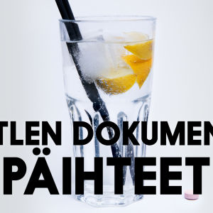 Kuva drinkistä ja pilleristä sekä teksti Battlen dokumentit: päihteet
