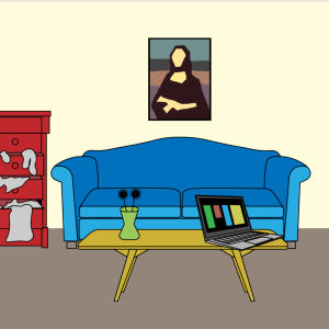 Huoneessa sohva, lipasto, pöytä ja lamppu, grafiikka.