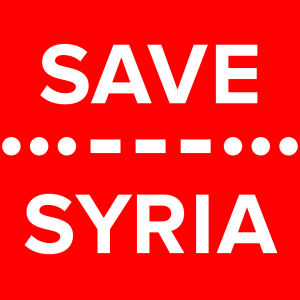 Save Syria -teksti punaisella pohjalla.