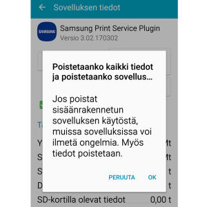 Jotkut esiasennetut sovellukset voi poistaa tällaisista varoituksista huolimatta. Joskus sovellukset korvataan ns. tehdasversiolla. Näyttökuva Google Play, jossa poistetaan esiasennettu ohjelma. Ilmoitusteksti: Jos poistat sisäänrakennetun sovelluksen käytöstä, muissa sovelluksissa voi ilmetä ongelmia. Myös tiedot poistetaan.