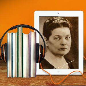 Kirjapinoilla on kuulokkeet ja ipadin kuvassa Maria Jotuni