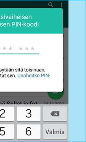 WhatsAppissa tunnistautuminen on helppoa. Näyttökuva kännykän ruudulta. WhatsApp sovelluksen tunnistautumiskoodin syöttämisruutu