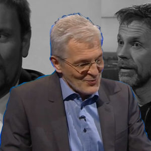 Kollaasi: Paavo Arhinmäki ja Jari Sarasvuo haastattelutilanteissa taustalla. Etualalla haastattelija Sakari Kilpelä.
