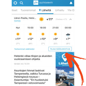 Uutisvahti-sovelluksen Läheltä-toiminto nuoli osoittaa kohtaan tilaa sääilmoitus