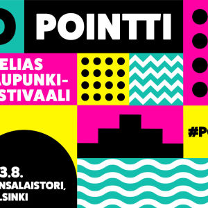 Pointti-tapahtuman värikäs grafiikka. Pointti -utelias kaupunkifestivaali 1.-3.3.2019 Helsingin Kansalaistorilla.