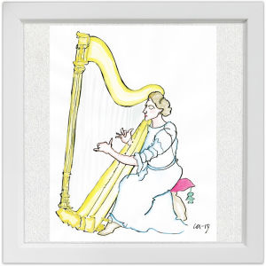 Lassi Rajamaan piirros harpisti Lilly Kajanus-Blenneristä.